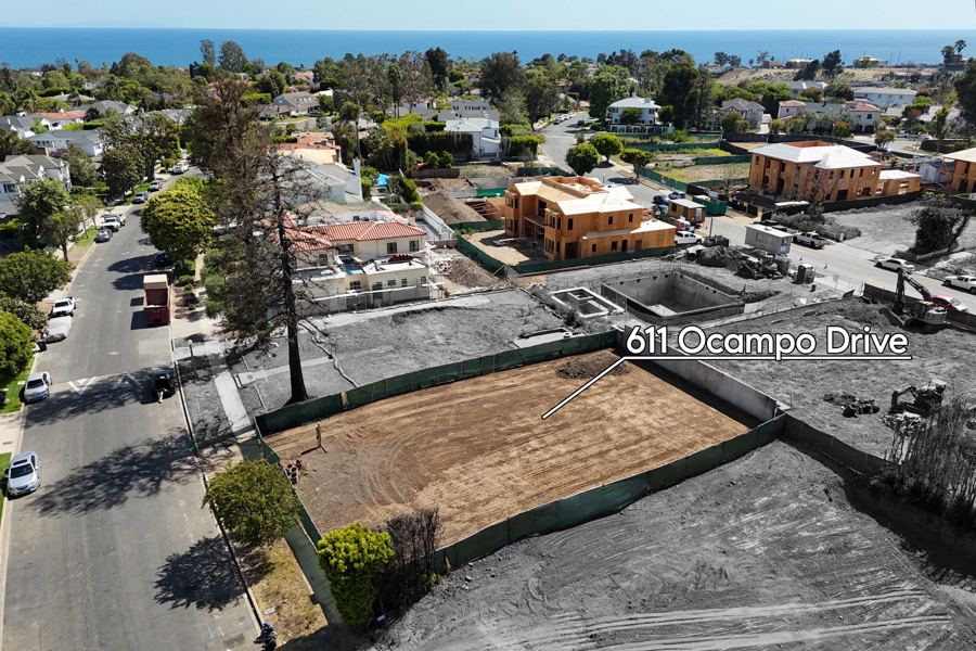 Aerial of 611 Ocampo Drive with label, looking toward the ocean