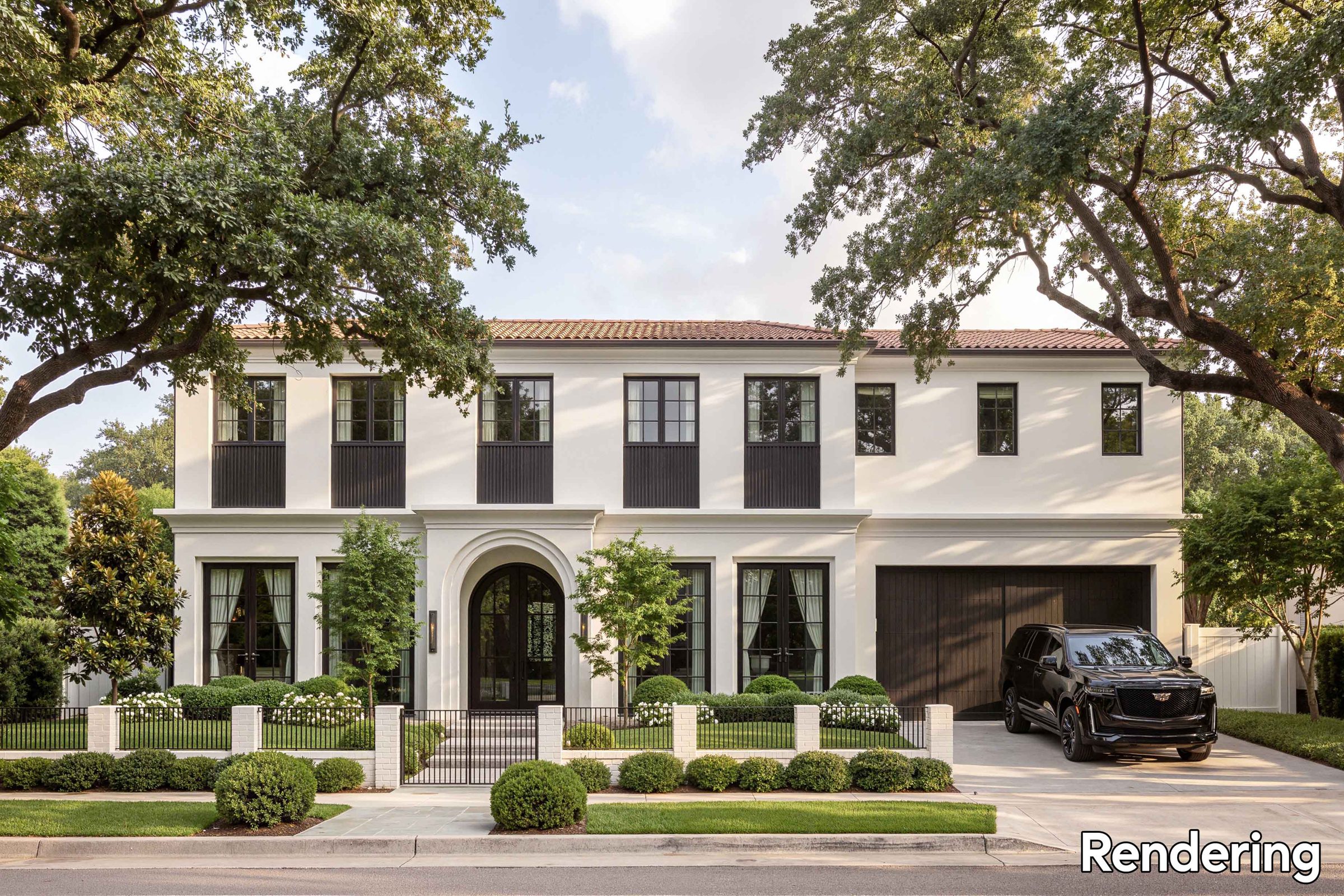 Rendering of the front elevation at 611 Ocampo Drive: white plaster, clay tile roof, black iron-framed windows and an arched entry