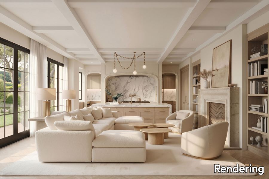 Rendering of the great room with coffered ceiling, white oak and a marble kitchen beyond