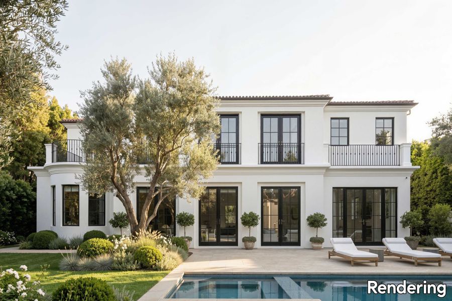 Rendering of the rear elevation with French doors opening to a lawn and pool